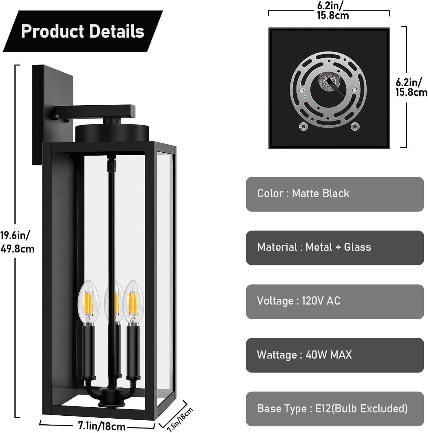 20in Black Outdoor Wall Lanterns 2 Pack
