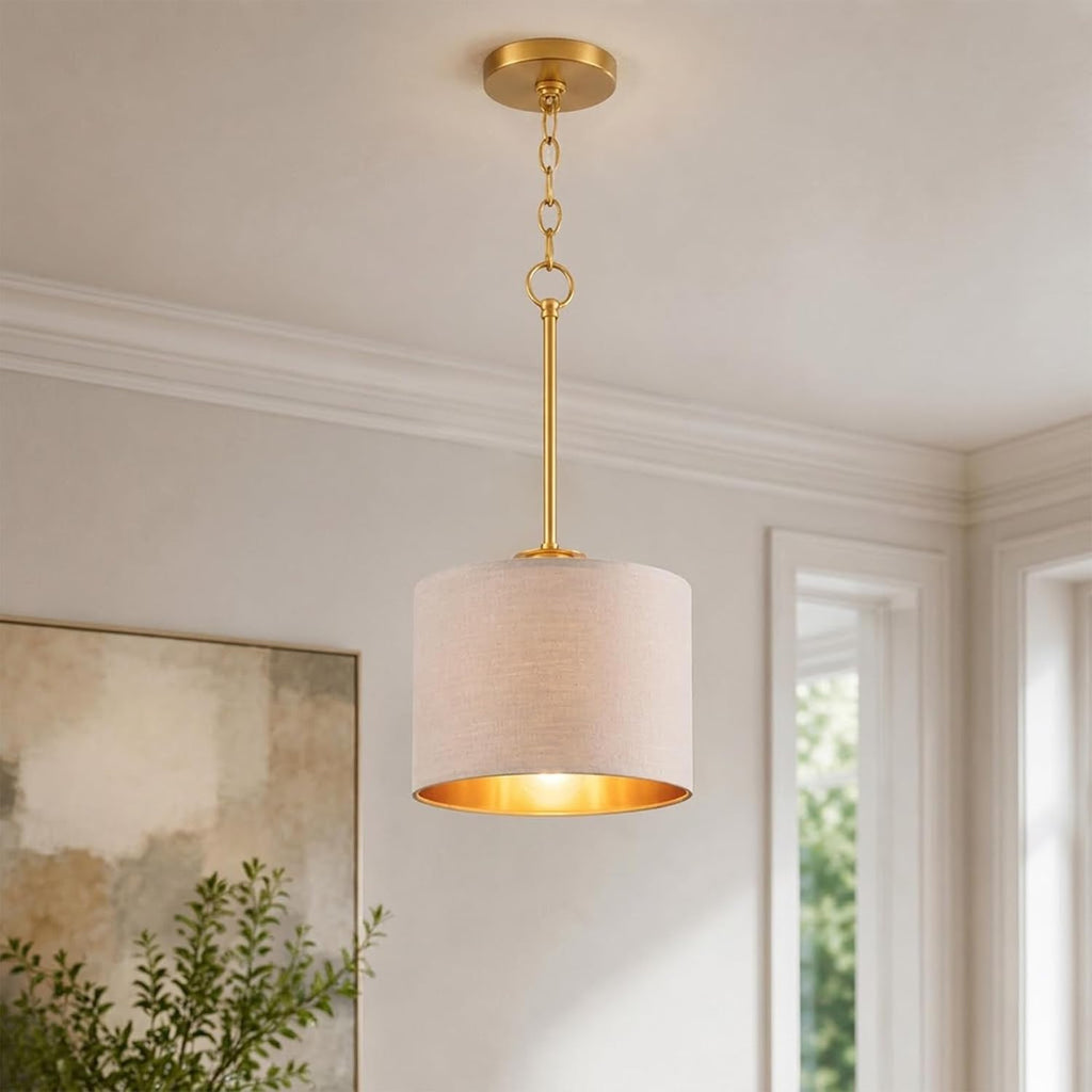 Gold Greige Fabric Drum Pendant Light