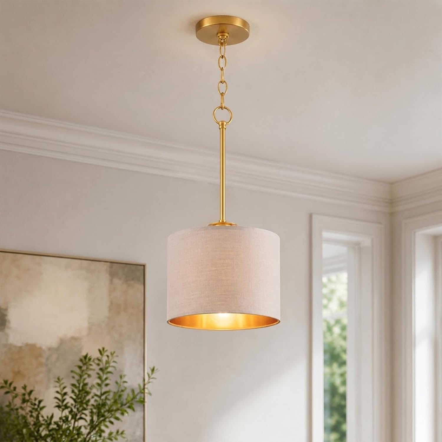 Gold Greige Fabric Drum Pendant Light