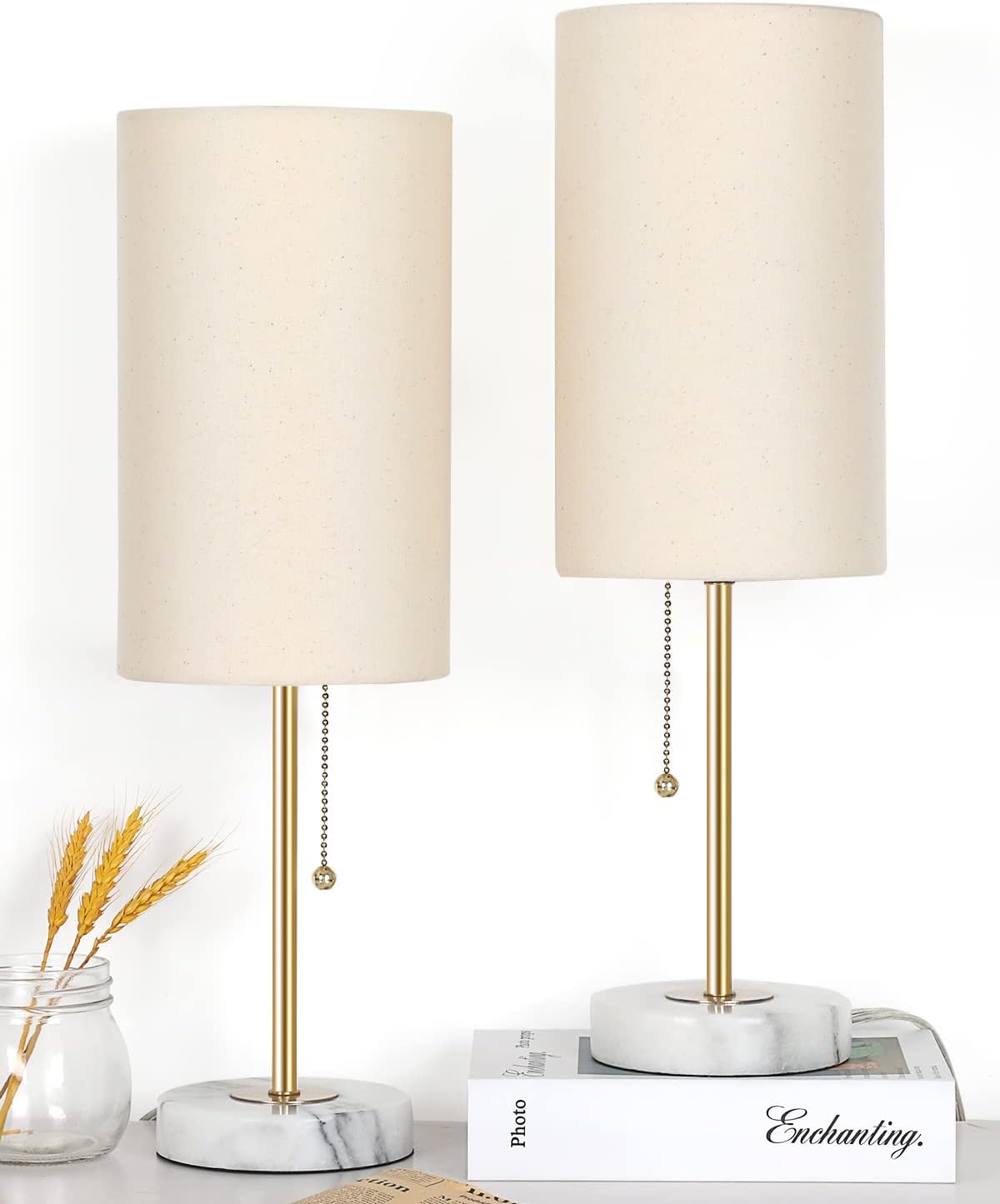 Marble Base Linen Table Lamps Set