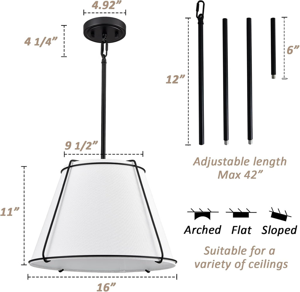 White Linen Drum Black Pendant Light