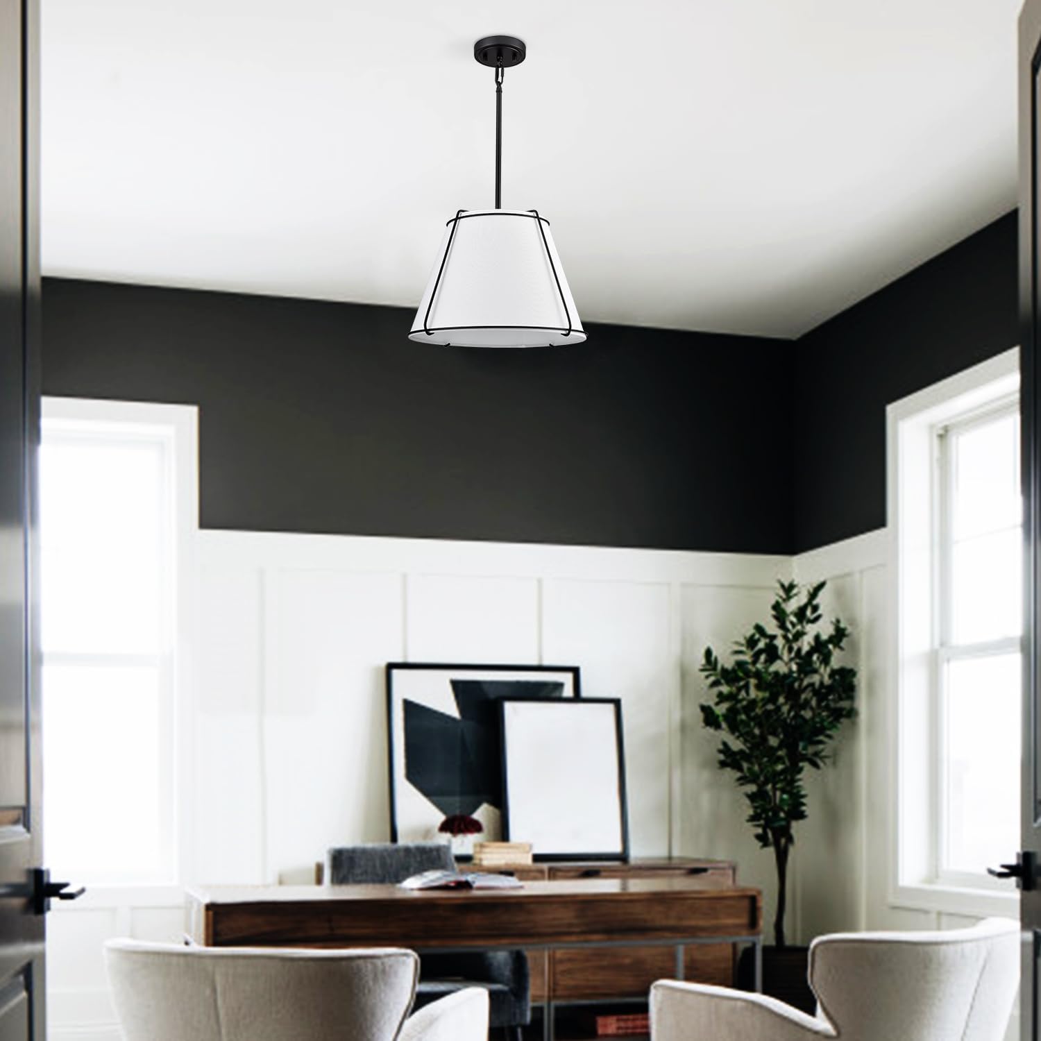 White Linen Drum Black Pendant Light