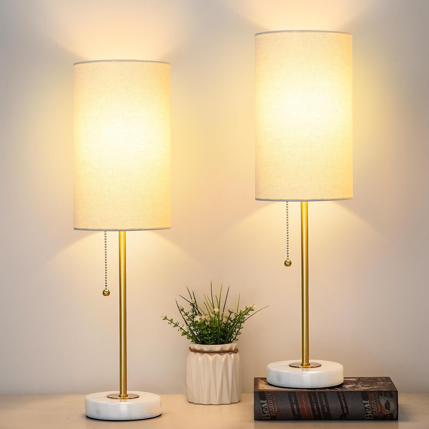 Marble Base Linen Table Lamps Set