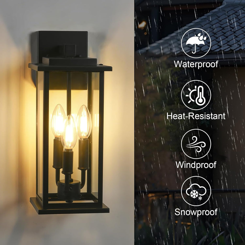 15" 3-Light Black Outdoor Wall Lantern