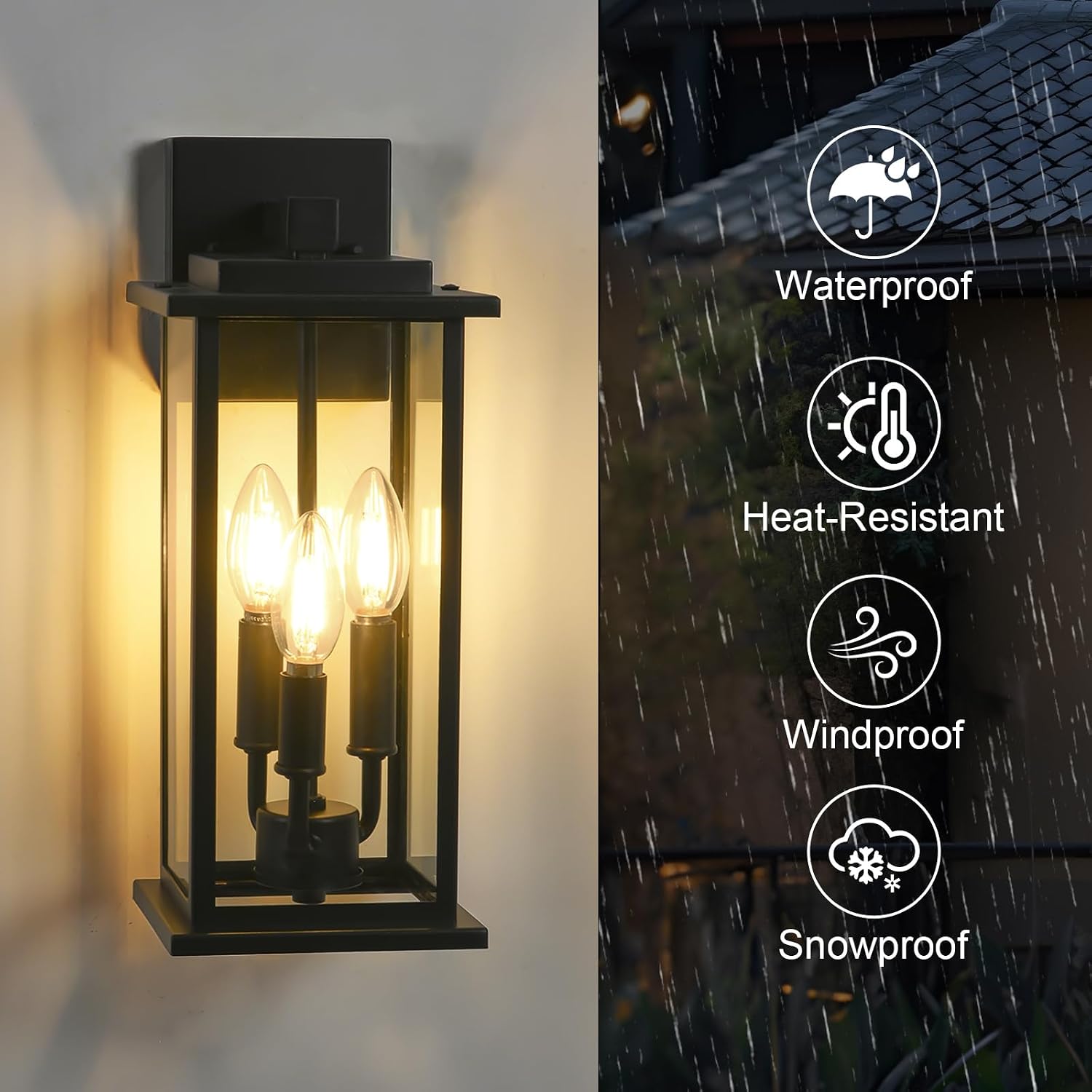 15" 3-Light Black Outdoor Wall Lantern