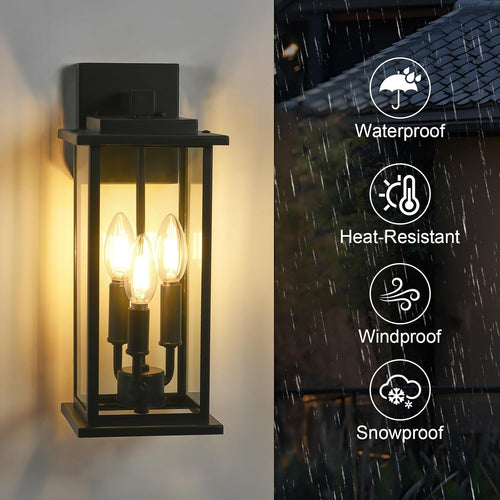 15" 3-Light Black Outdoor Wall Lantern