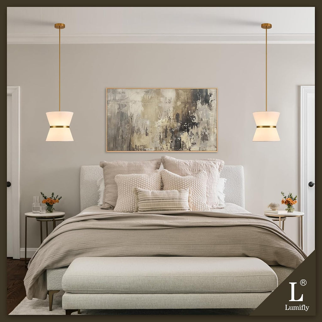 Gold White Drum Fabric Pendant Light