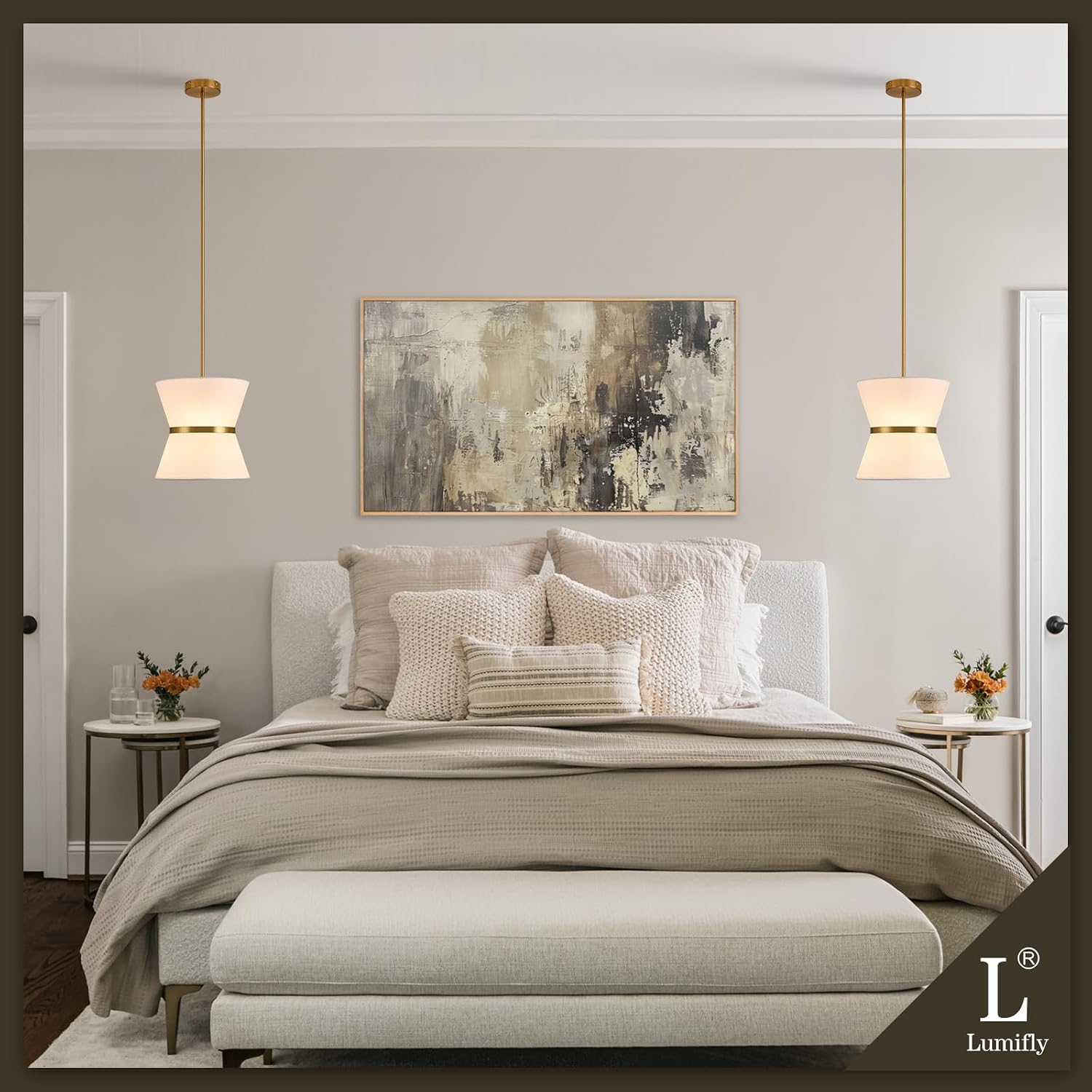 Gold White Drum Fabric Pendant Light