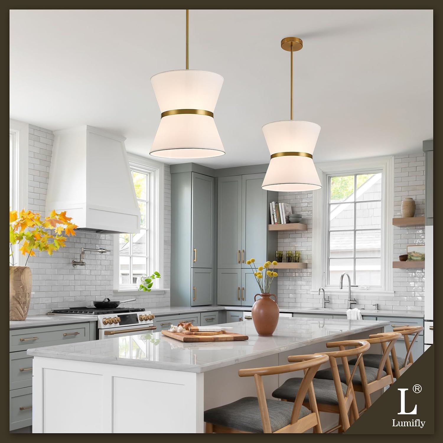 Gold White Drum Fabric Pendant Light