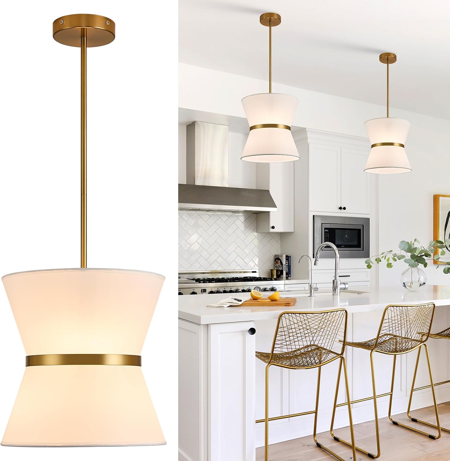 Gold White Drum Fabric Pendant Light