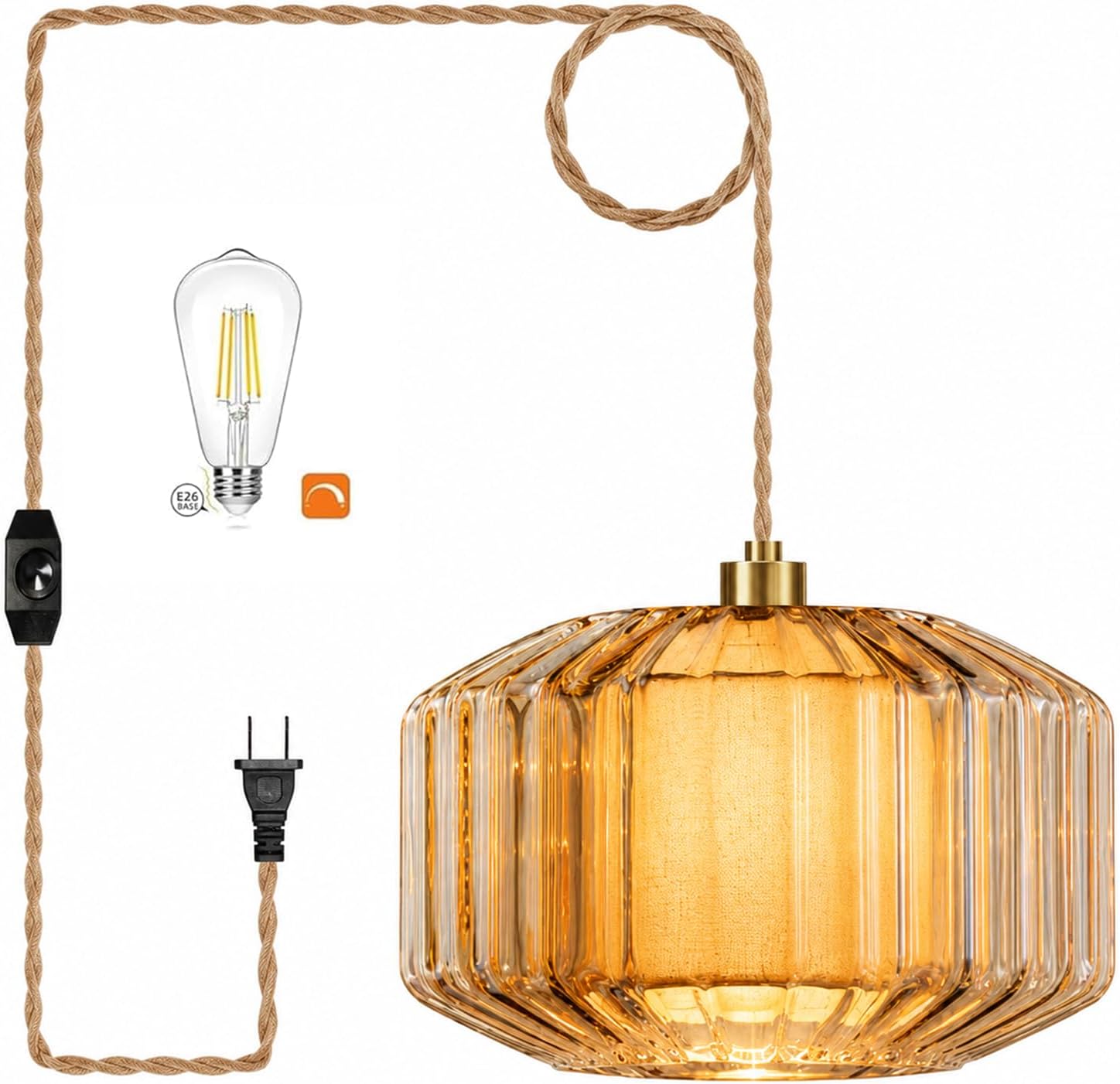 Gold Amber Glass Plug-in Pendant Light