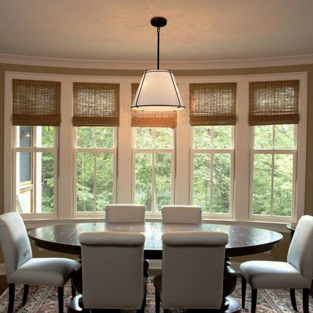White Linen Drum Black Pendant Light