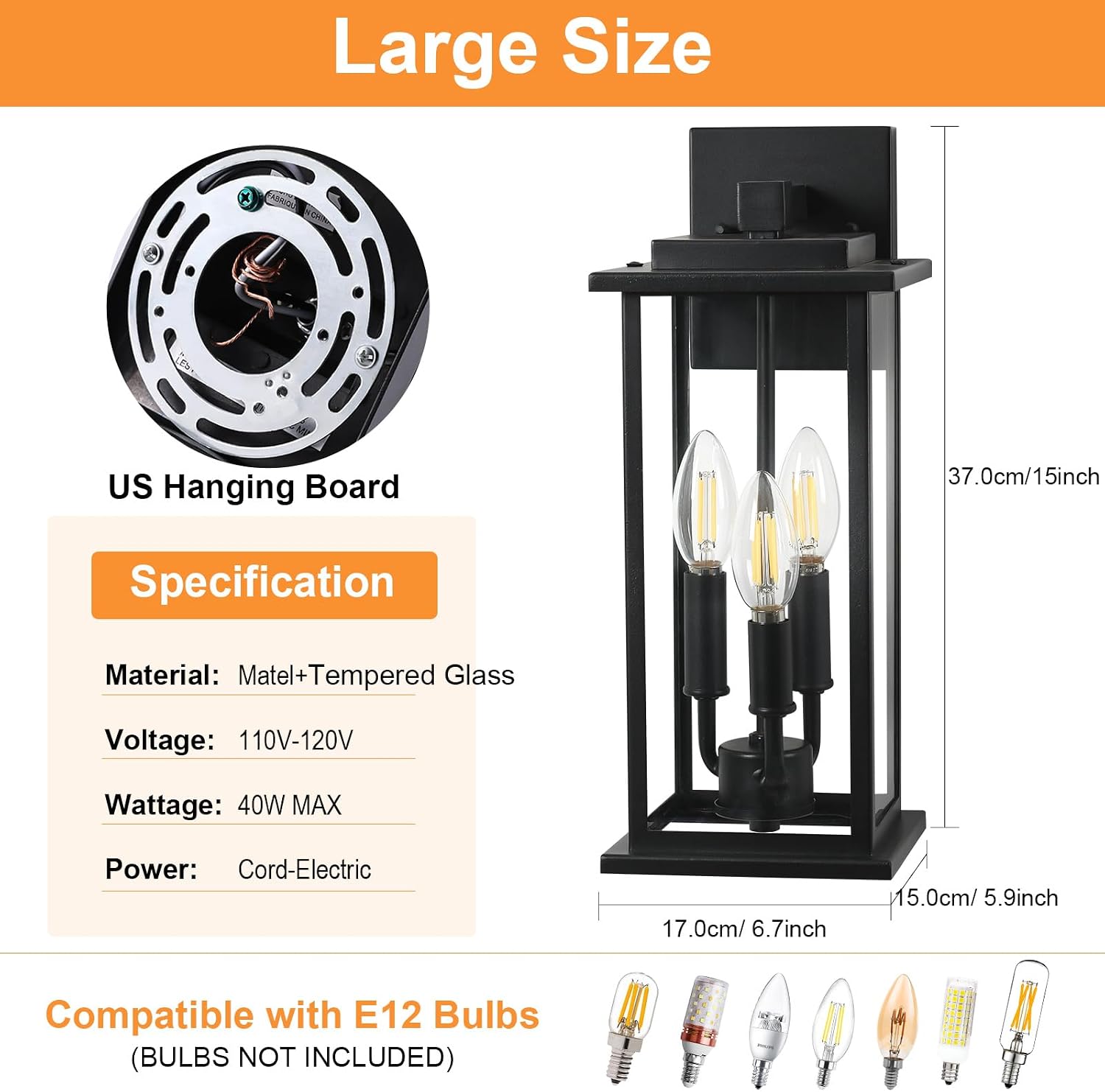 15" 3-Light Black Outdoor Wall Lantern