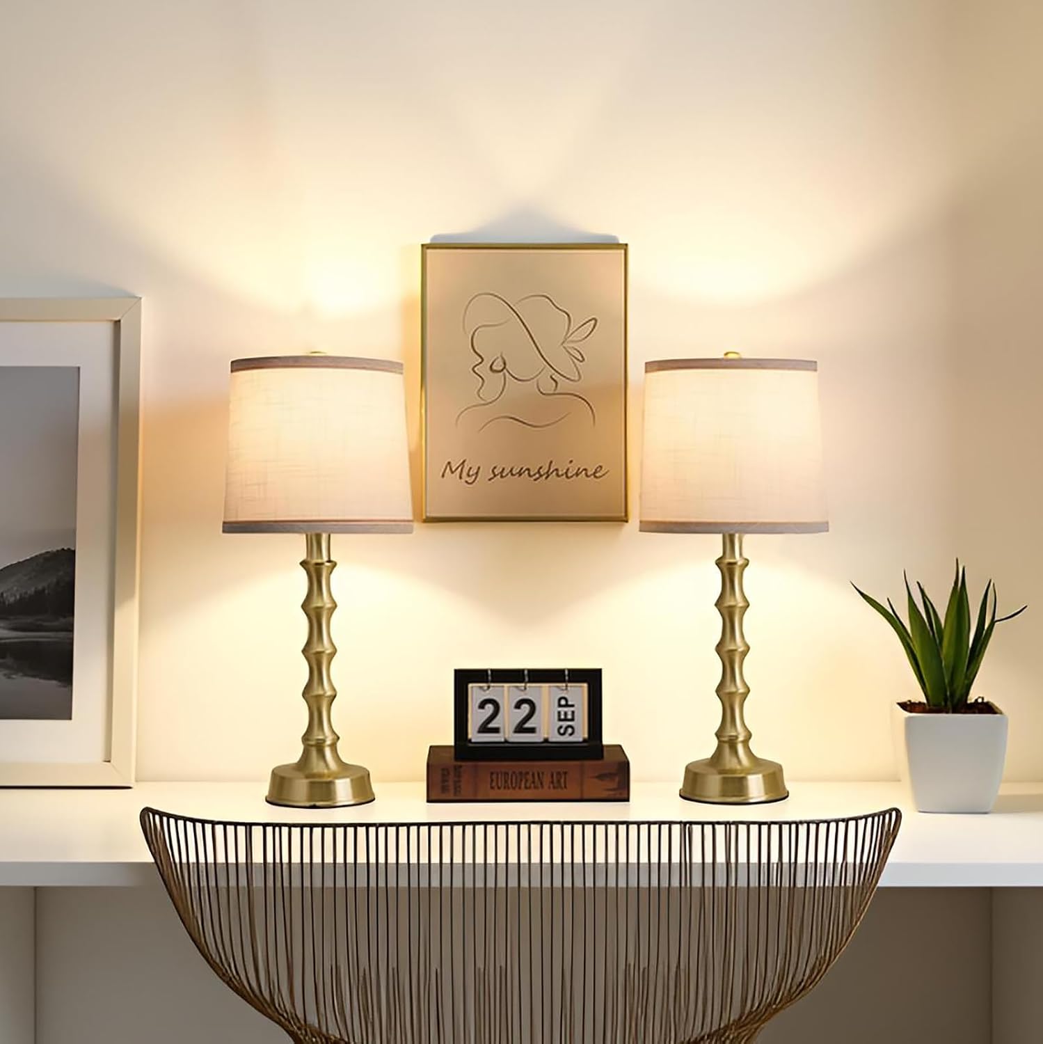 Gold Linen Table Lamps Set