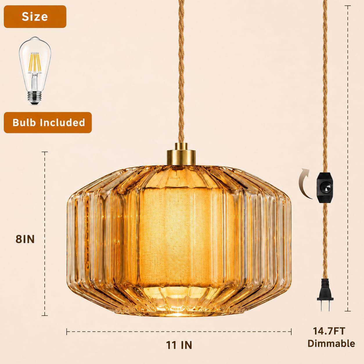 Gold Amber Glass Plug-in Pendant Light