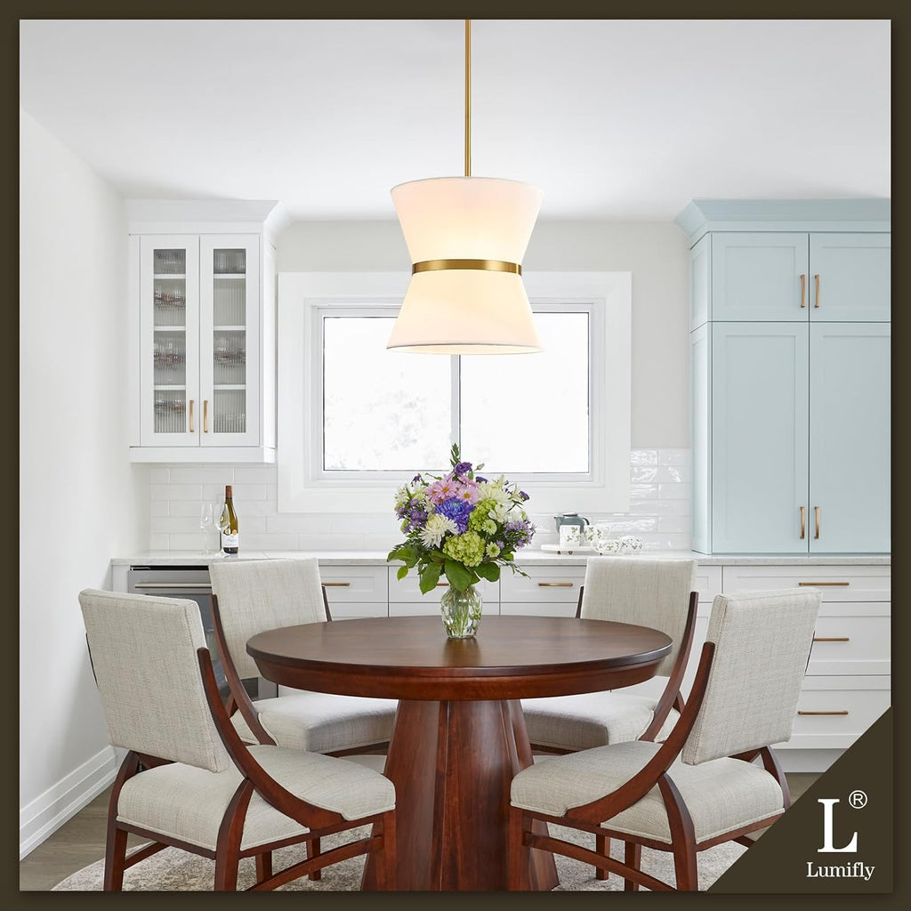Gold White Drum Fabric Pendant Light