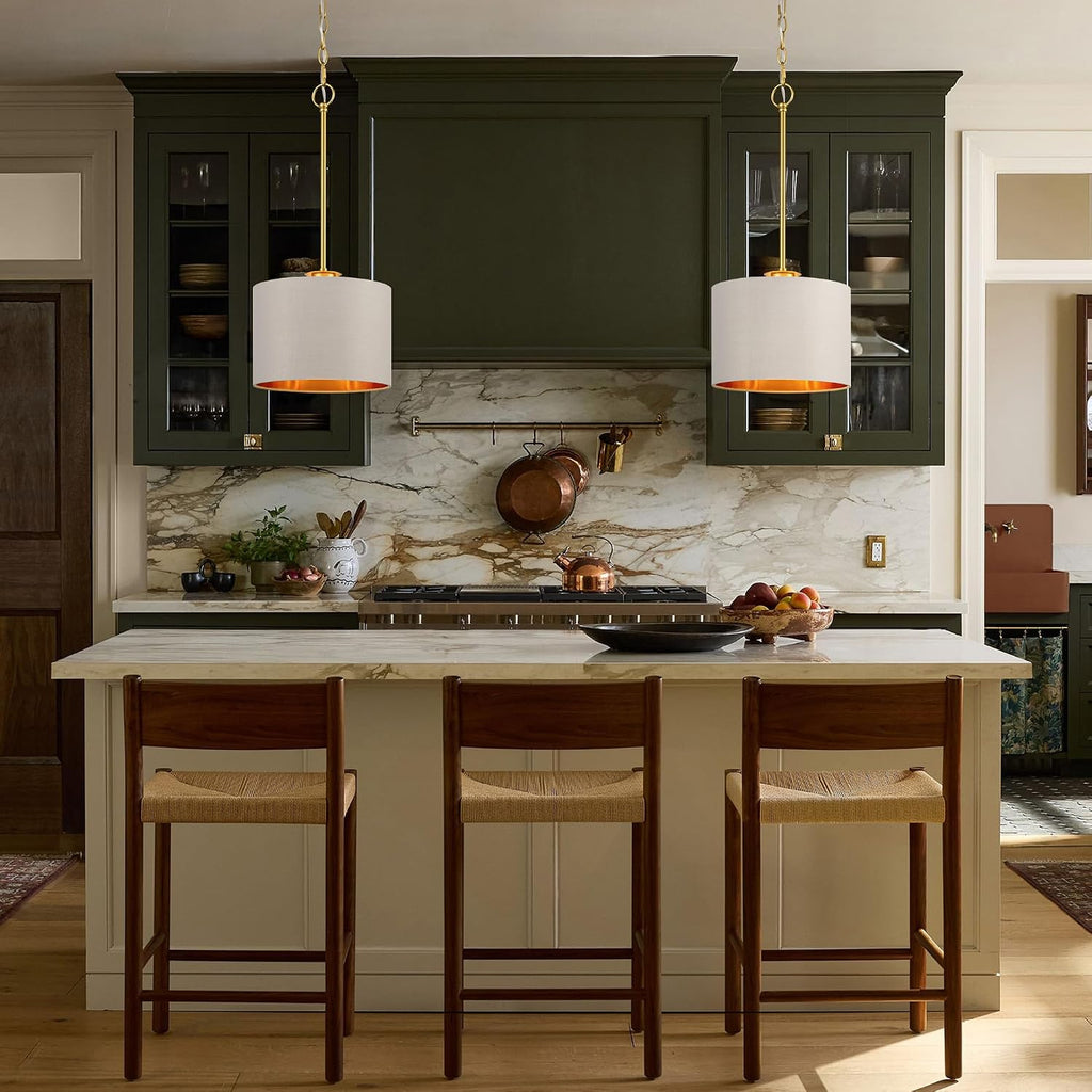 Gold Greige Fabric Drum Pendant Light