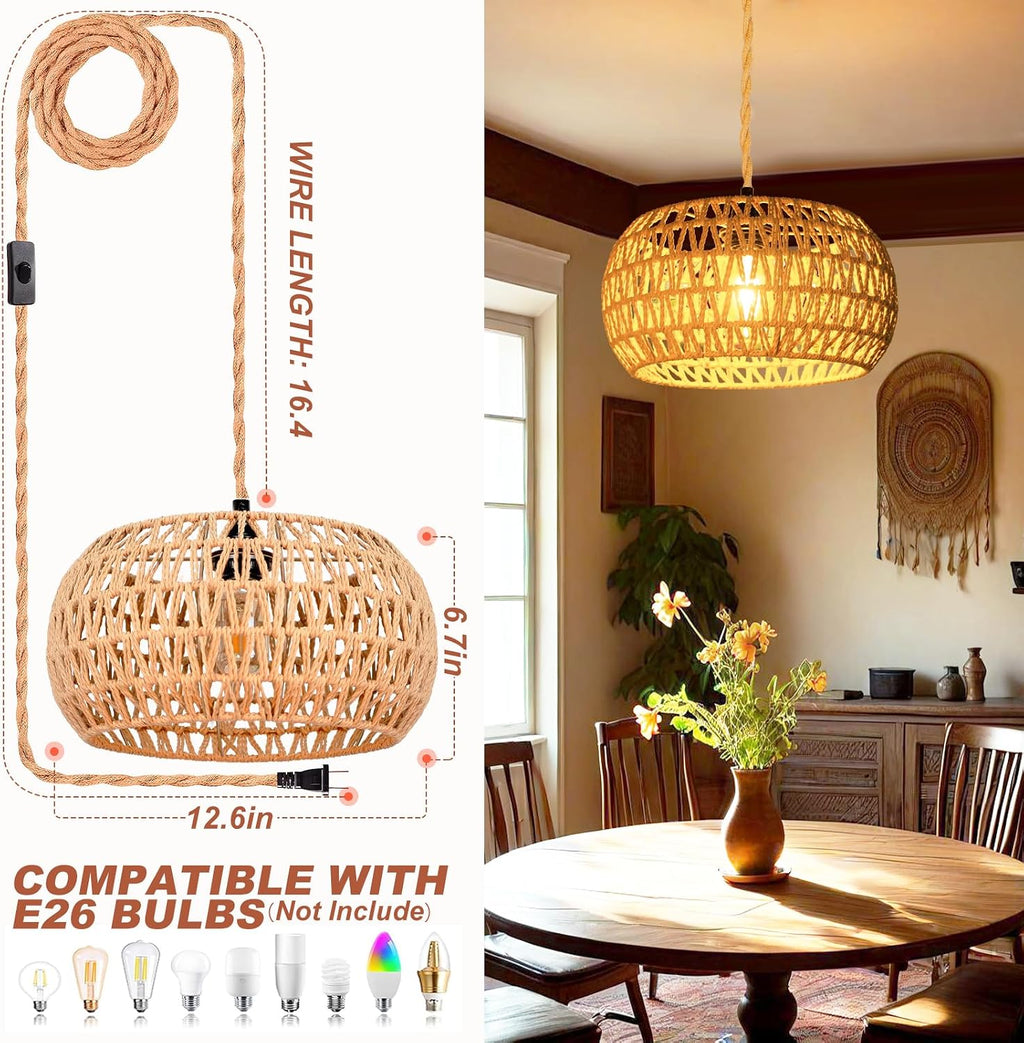 Rattan Boho Plug-in Pendant Lamp