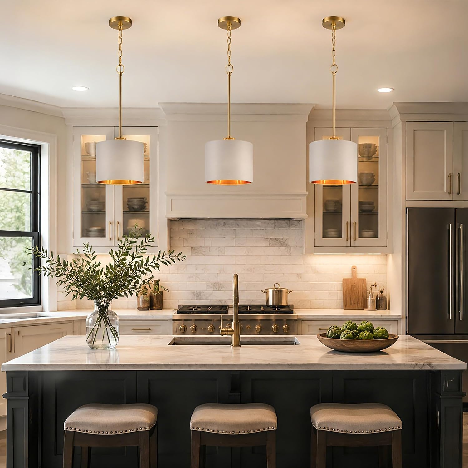 Gold Greige Fabric Drum Pendant Light