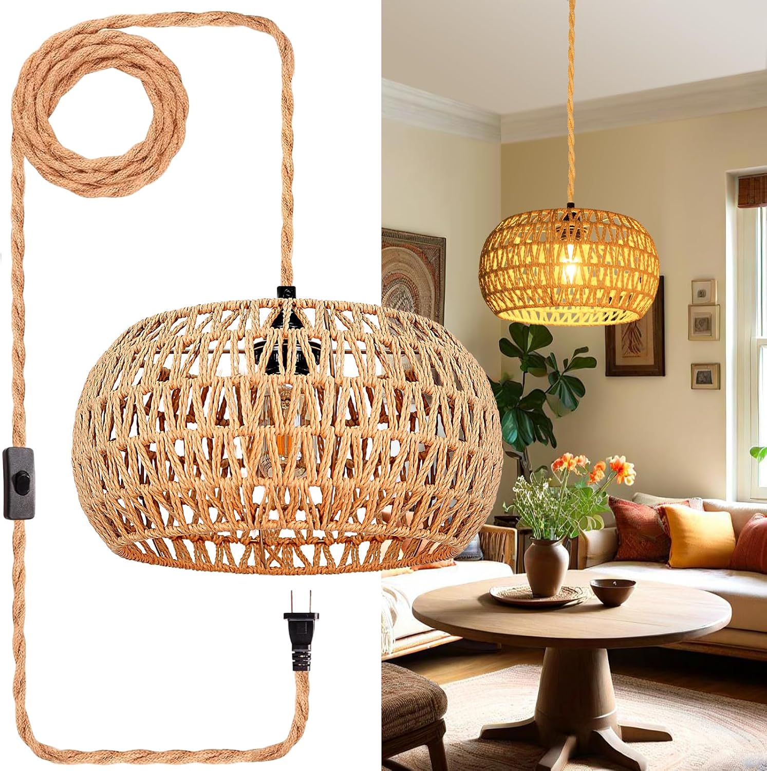 Rattan Boho Plug-in Pendant Lamp