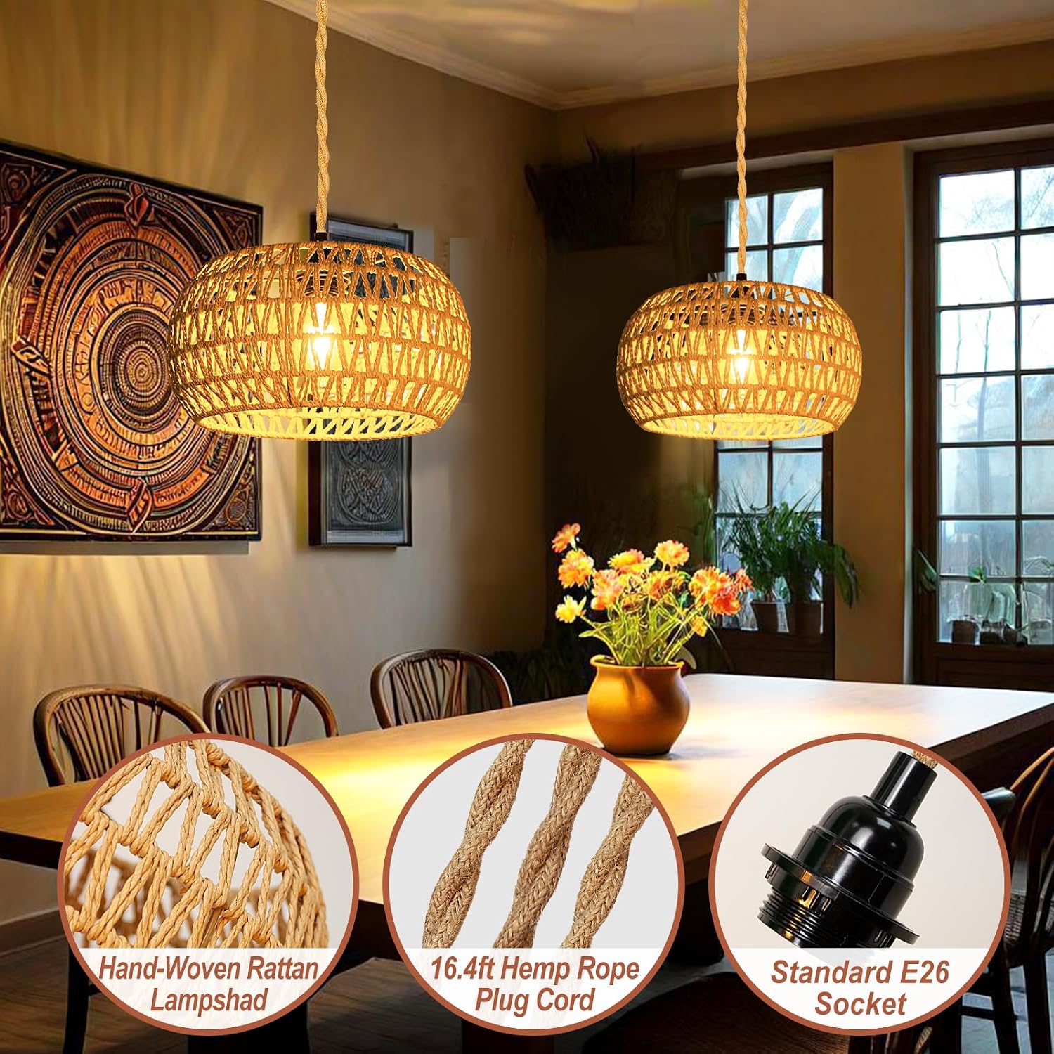 Rattan Boho Plug-in Pendant Lamp